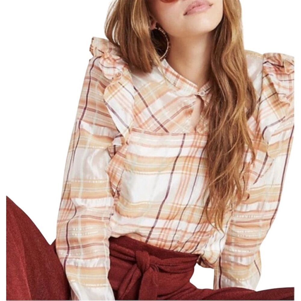 Anthropologie Current Air Plaid Ruffle Silk Blend Blouse Boxy M Cowgirl Rodeo
